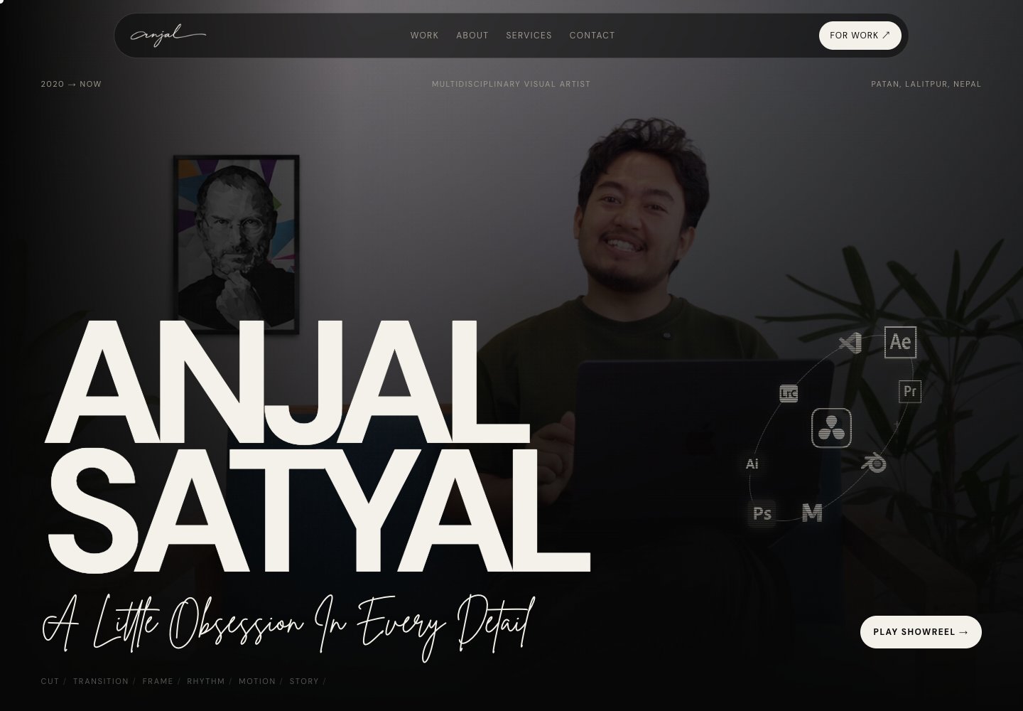 Desktop view of Anjal Satyal’s personal portfolio, showing its editorial hero and creative presentation